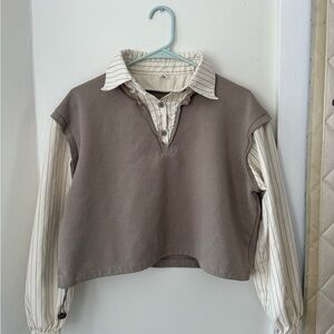 Striped Long Sleeve Shirt with Brown Vest